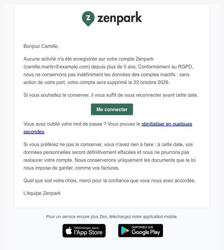 Exemple de l'e-mail de prévenance envoyé 30 jours avant la suppression d'un compte inactif