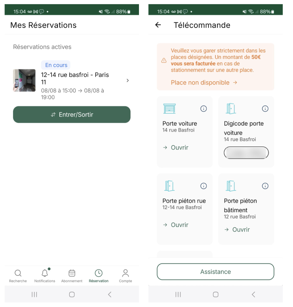 Zenpark app: current booking with Enter/Exit, then the Remote control screen and its accesses
