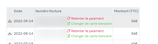 Espace client web : liste des factures, liens Retenter le paiement et Changer de carte bancaire