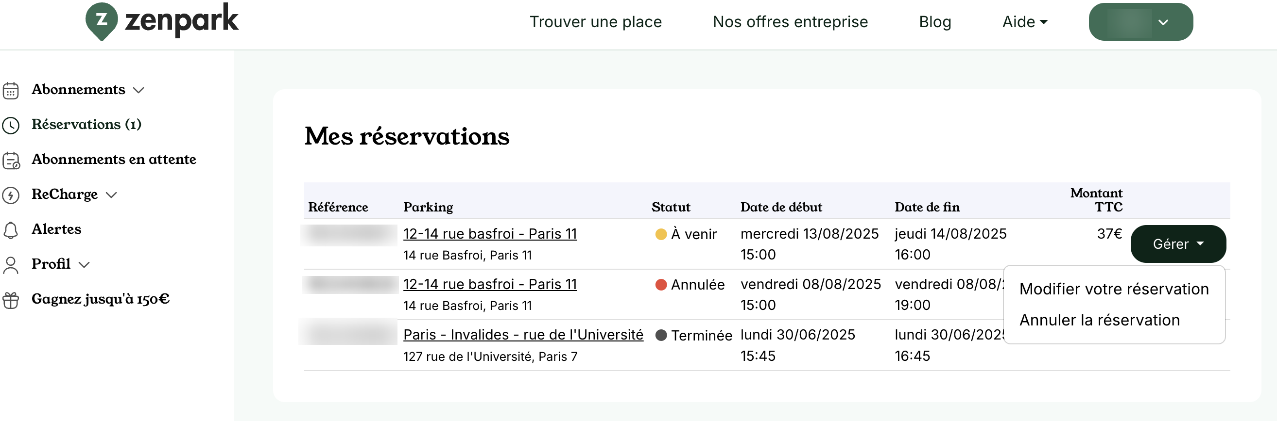 Zenpark web customer area: My bookings, Manage menu open on Edit or Cancel booking