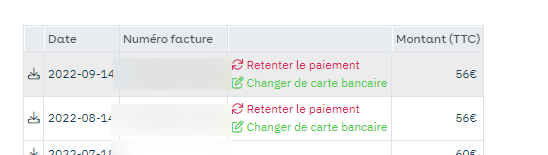 Web customer area: list of invoices, Retry Payment and Change Payment Method links