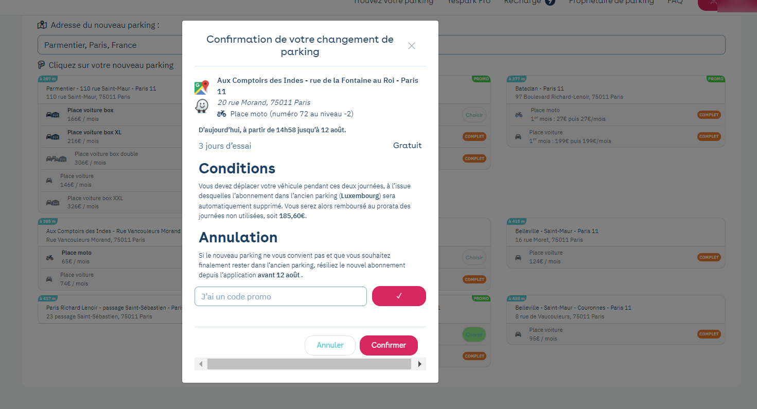 Yespark website: Confirm your car park change window, in front of the list of nearby car parks