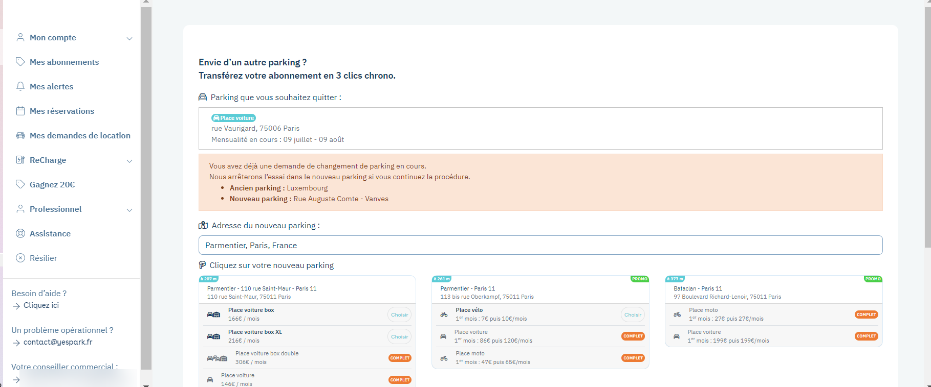 Web customer area: car park change, current subscription, new car park address and available spaces