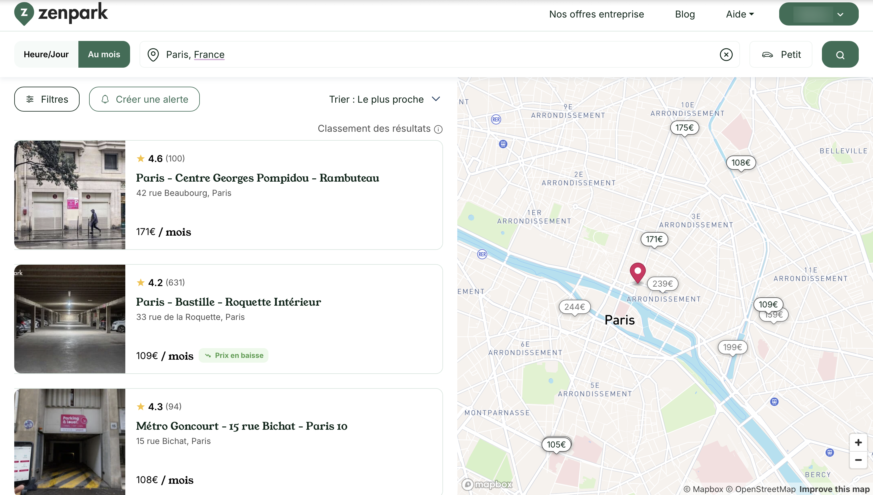 Zenpark website: monthly search in Paris, list of car parks with monthly price and map