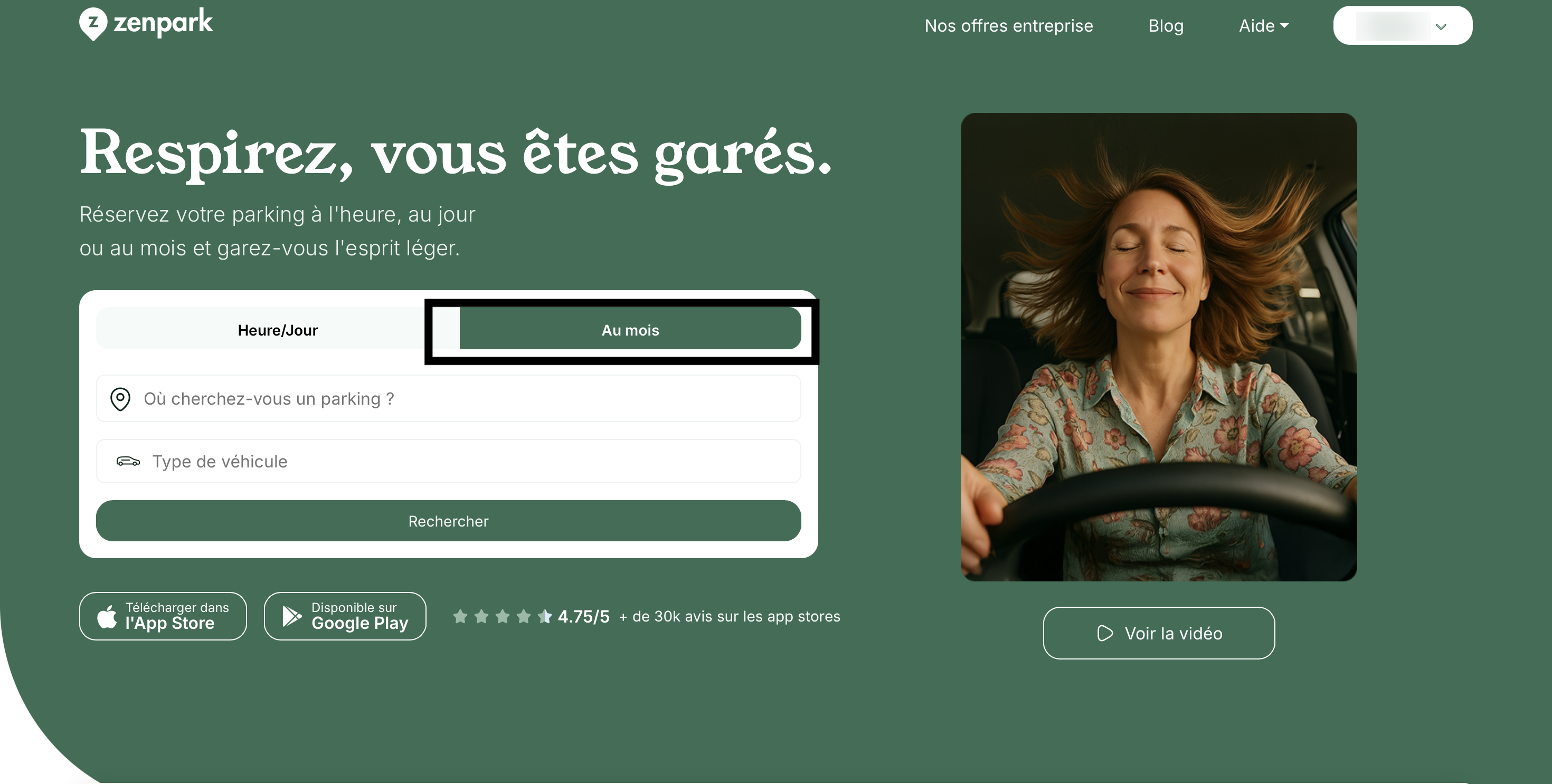 Zenpark website: home page, Monthly tab highlighted in the search module