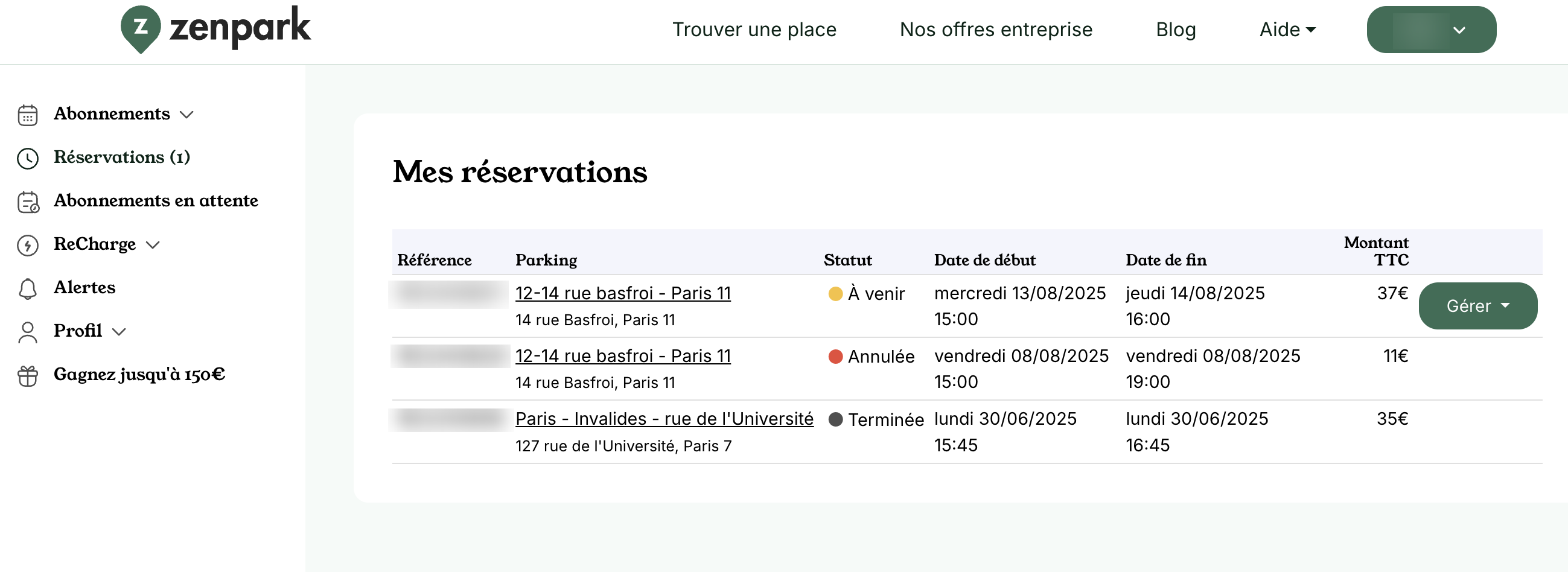 Zenpark customer area: My bookings page, table with status, dates, amount and Manage button