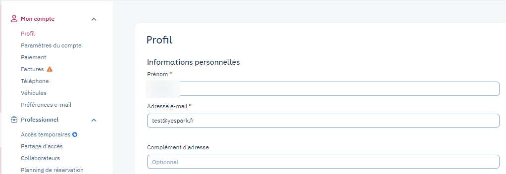 Web account Profile page: personal details form with first name, email address and address line 2 fields