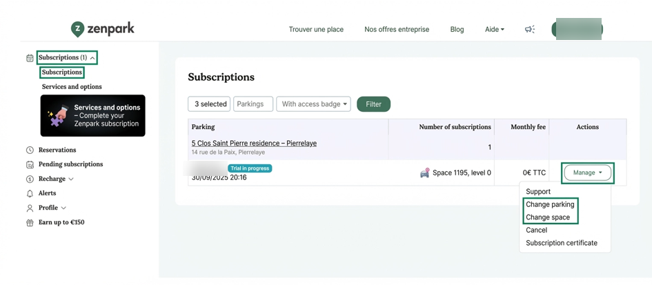Zenpark web account Subscriptions page: Manage menu open, with Change parking and Change space outlined in green