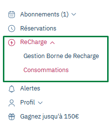 Web customer area: ReCharge menu highlighted, with charging station management and consumption