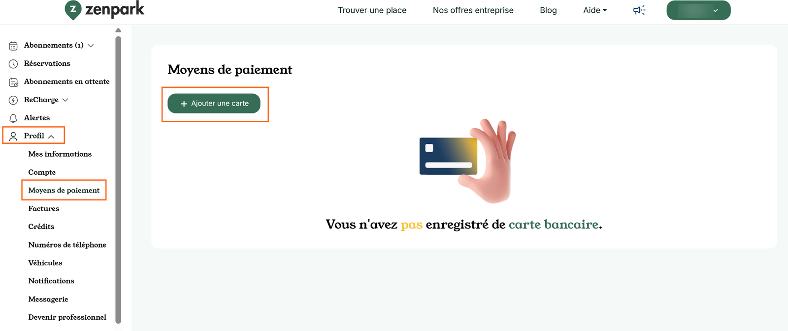 Site Zenpark : Profil, Moyens de paiement, bouton Ajouter une carte entouré