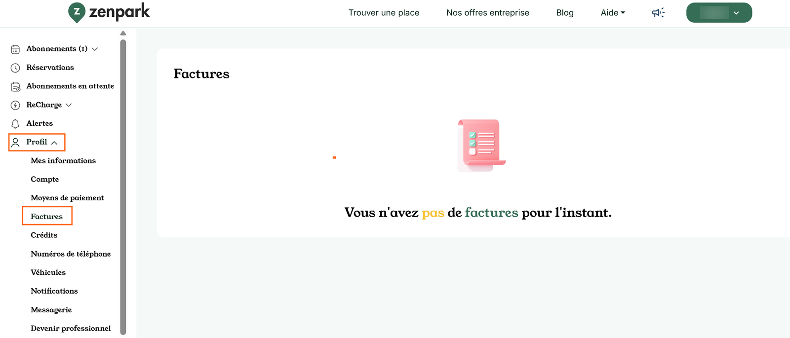 Espace client Zenpark : menu Profil > Factures encadré et page Factures