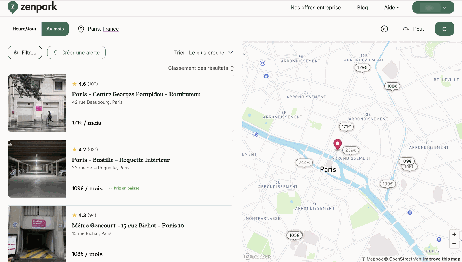 Site Zenpark : recherche au mois à Paris, liste des parkings avec prix mensuel et carte
