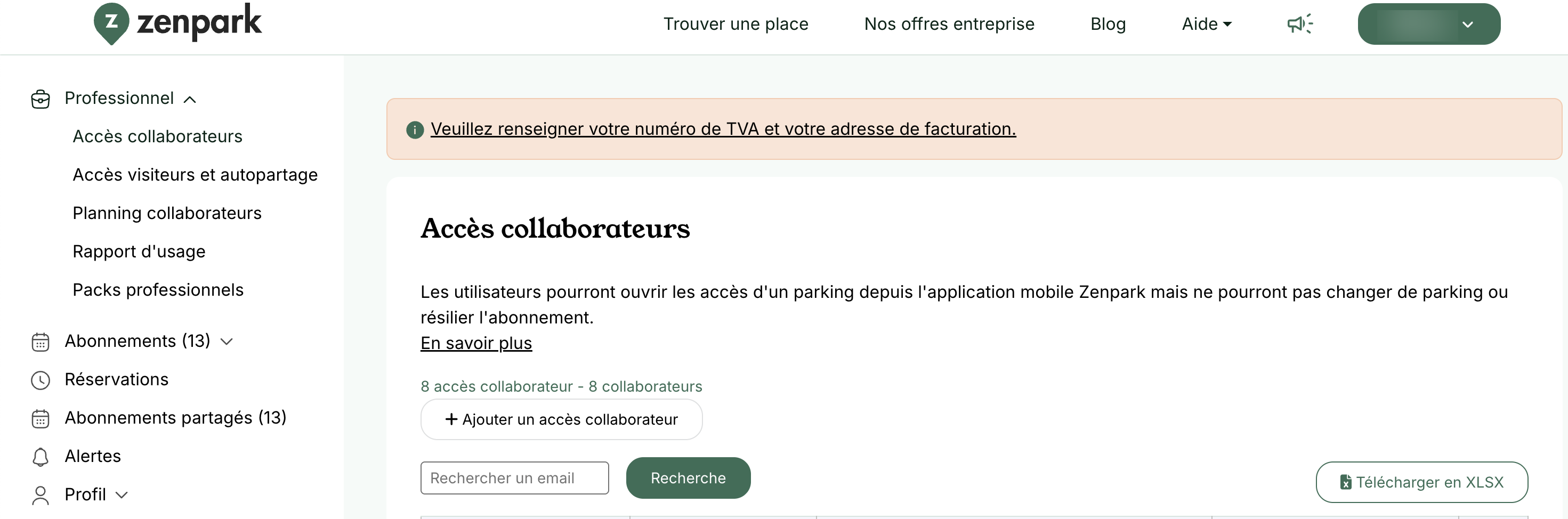 Zenpark business area: Employee access page with the Add employee access button and the XLSX export
