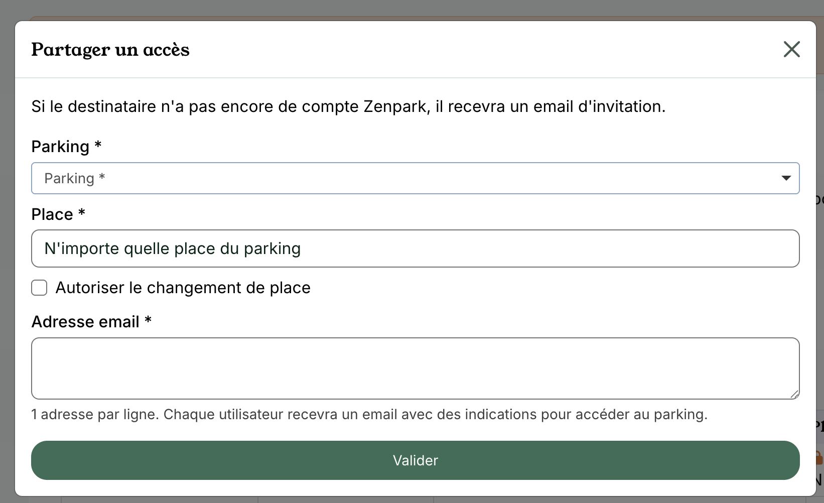 Zenpark: Share access window with car park, space, employees' email addresses and Confirm button