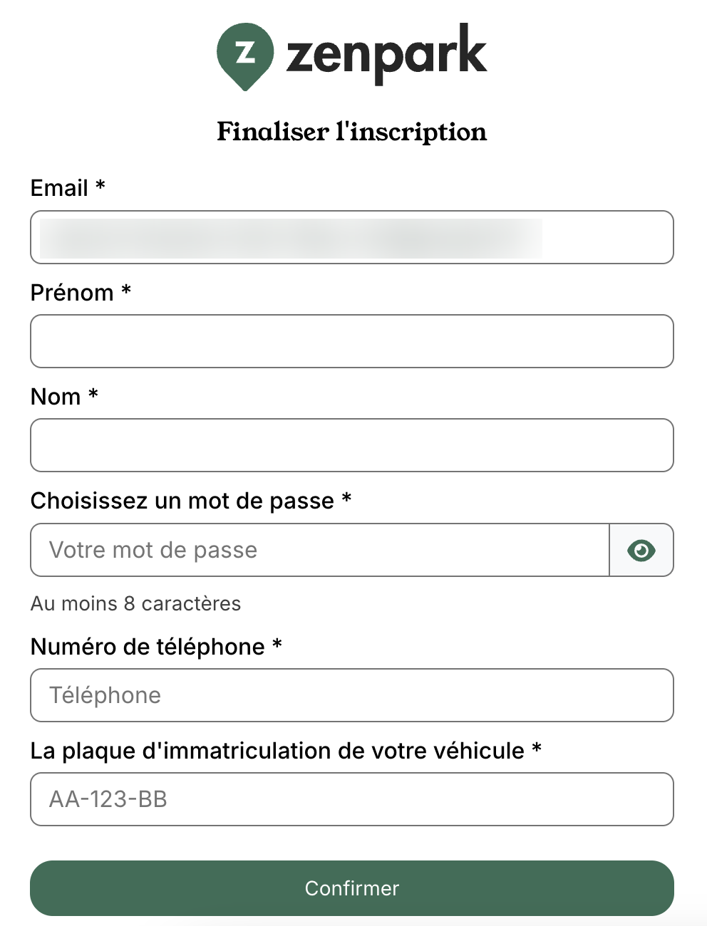 Zenpark: Complete registration form with email, name, password, phone and number plate