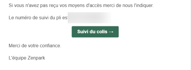 Zenpark email confirming that the access devices have been sent, with the letter’s tracking number and the Track parcel button