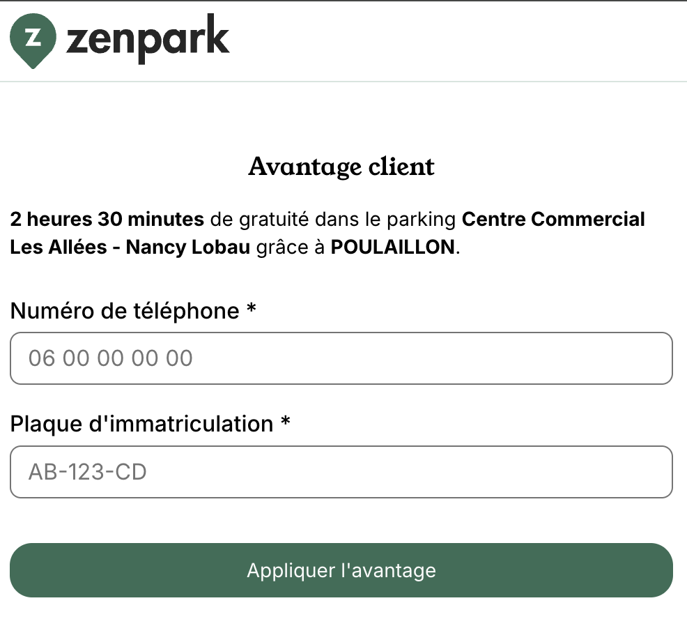 Zenpark: customer benefit page showing the free time offered, the phone number, the number plate and the button to apply the benefit