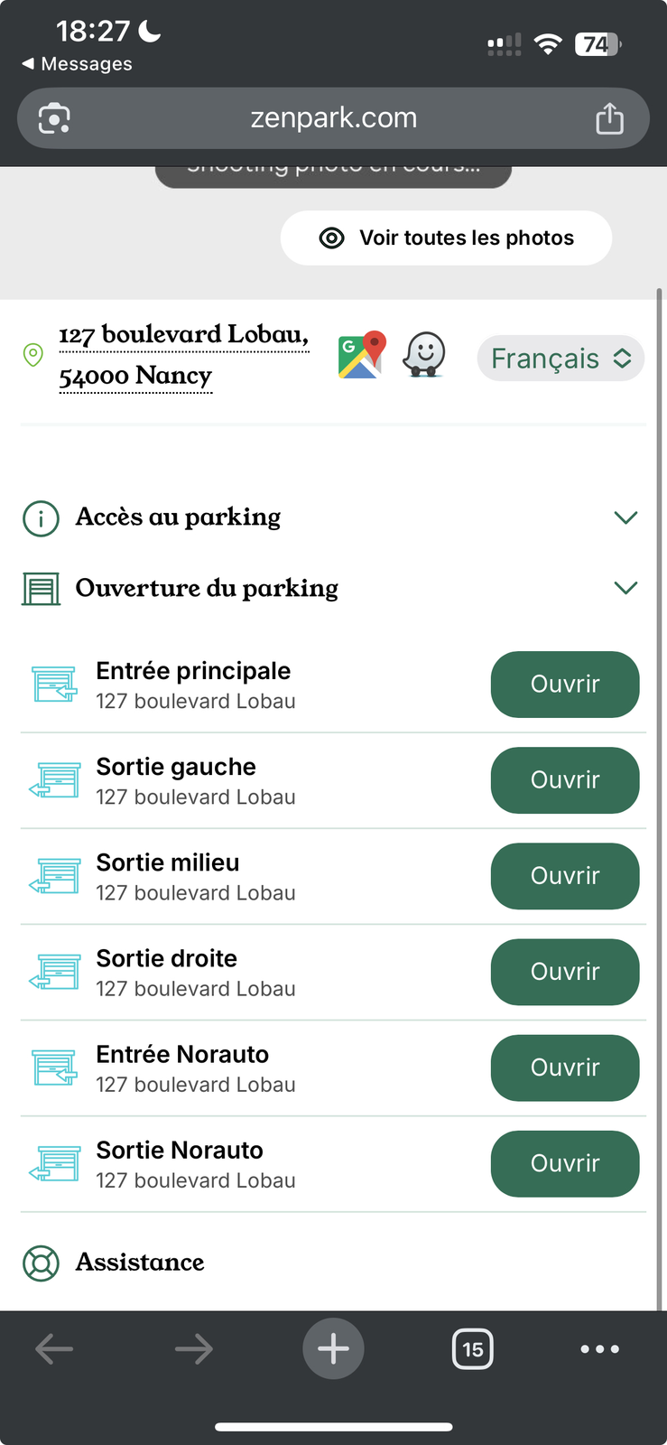 Zenpark website on mobile: car park access page, buttons to open entrances and exits, Assistance link