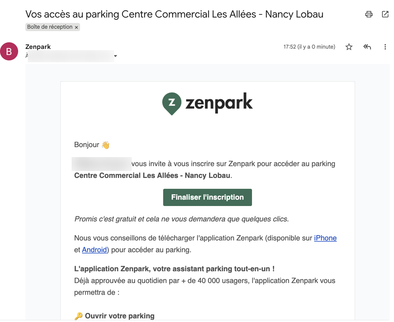 Zenpark email inviting the employee to join the car park, with the Complete registration button